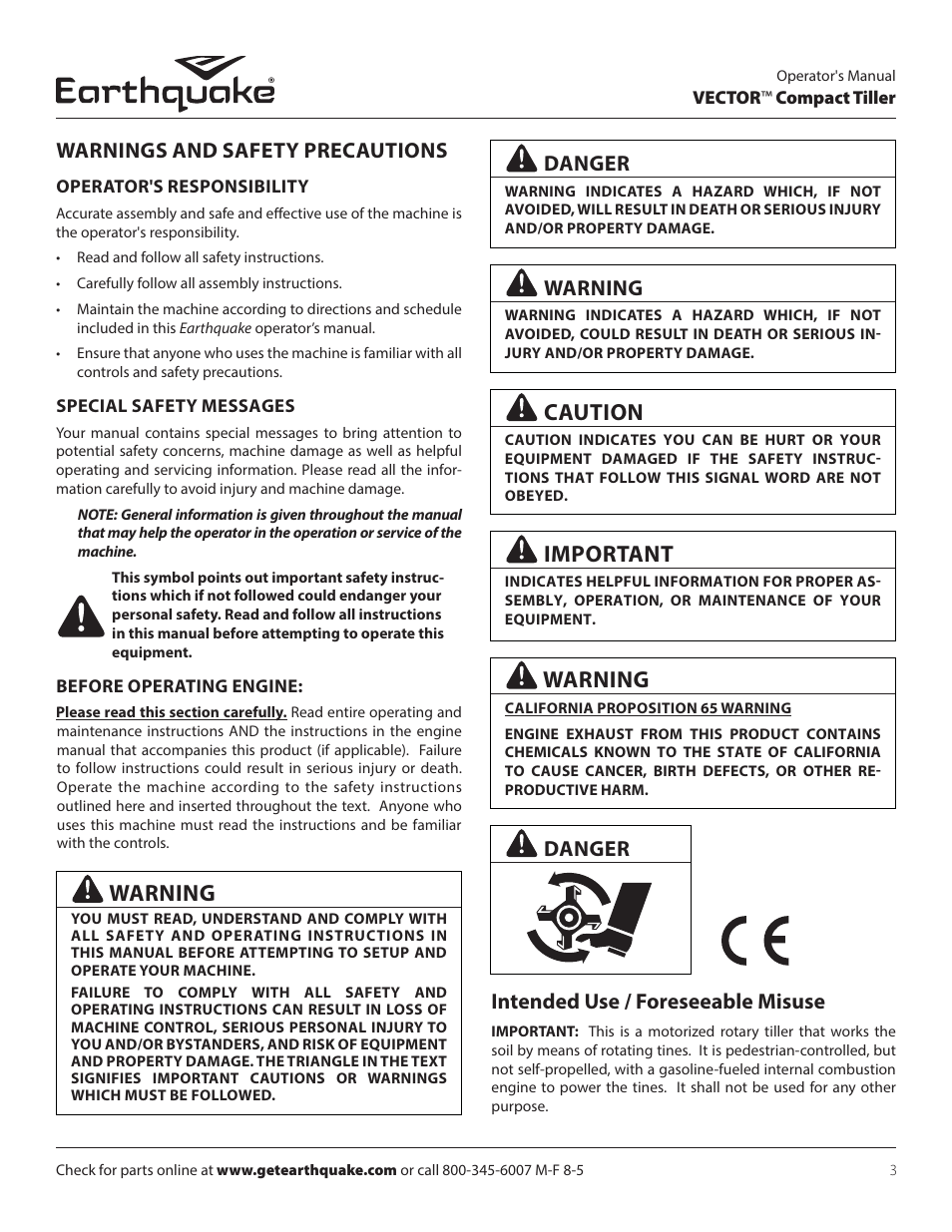 Caution, Important, Intended use / foreseeable misuse | Warnings and safety precautions, Warning, Danger | EarthQuake 26750 User Manual | Page 3 / 72
