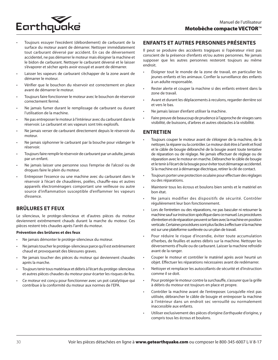Motobêche compacte vector, Brûlures et feux, Enfants et autres personnes présentes | Entretien | EarthQuake 26750 User Manual | Page 30 / 72