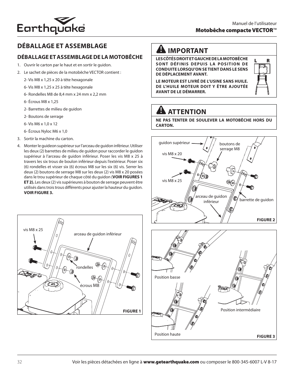 Important, Attention, Déballage et assemblage | EarthQuake 26750 User Manual | Page 32 / 72