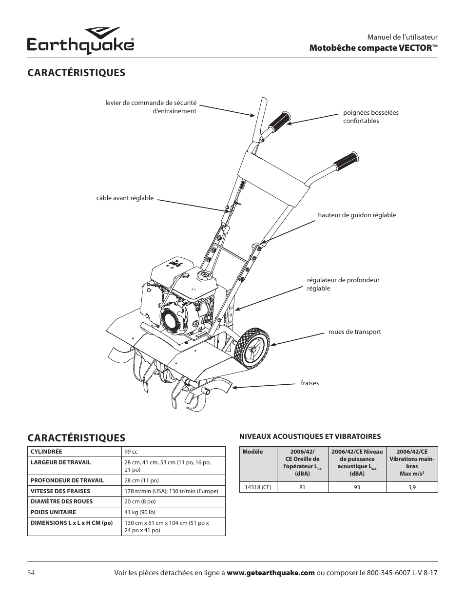 Caractéristiques, Motobêche compacte vector | EarthQuake 26750 User Manual | Page 34 / 72