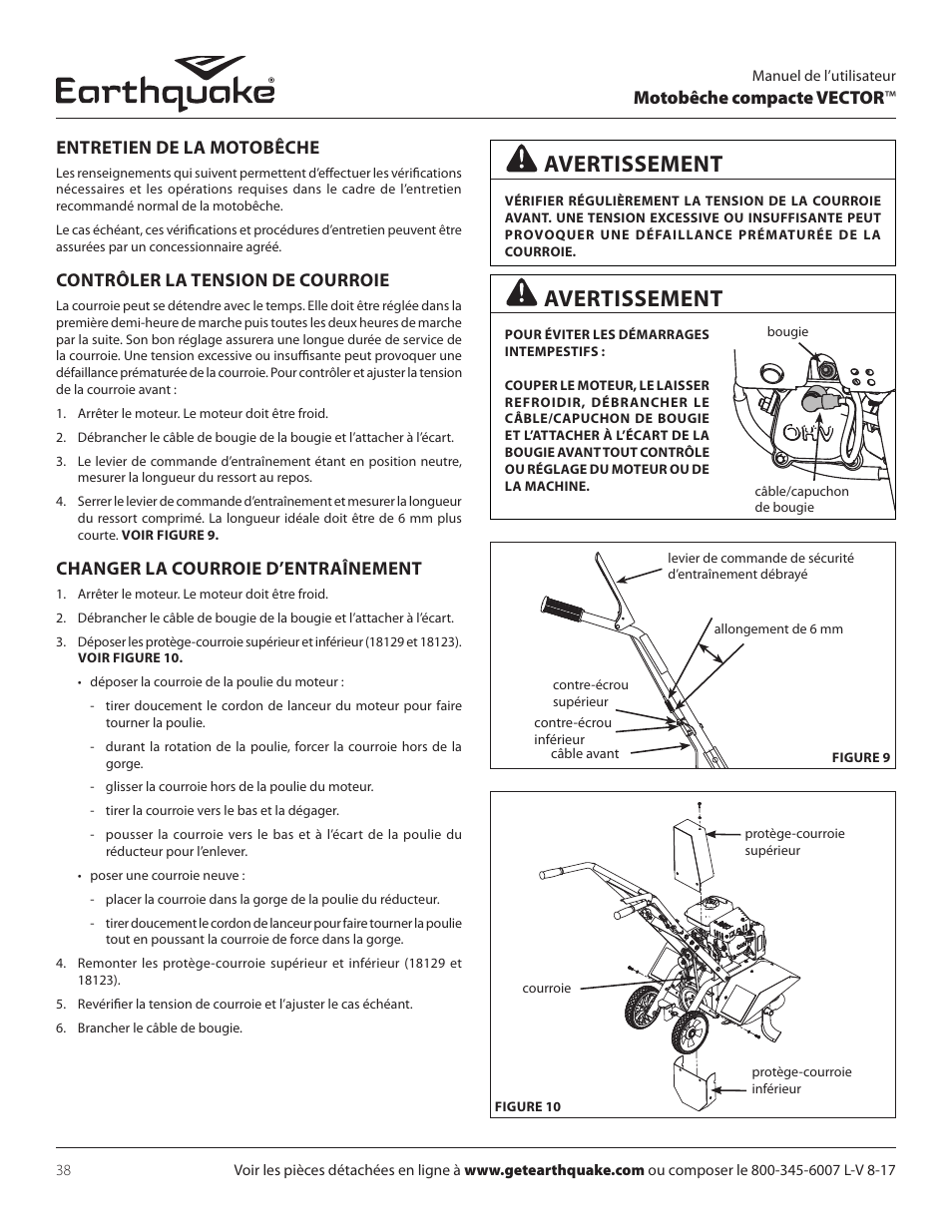 Avertissement, Contrôler la tension de courroie, Changer la courroie d’entraînement | EarthQuake 26750 User Manual | Page 38 / 72