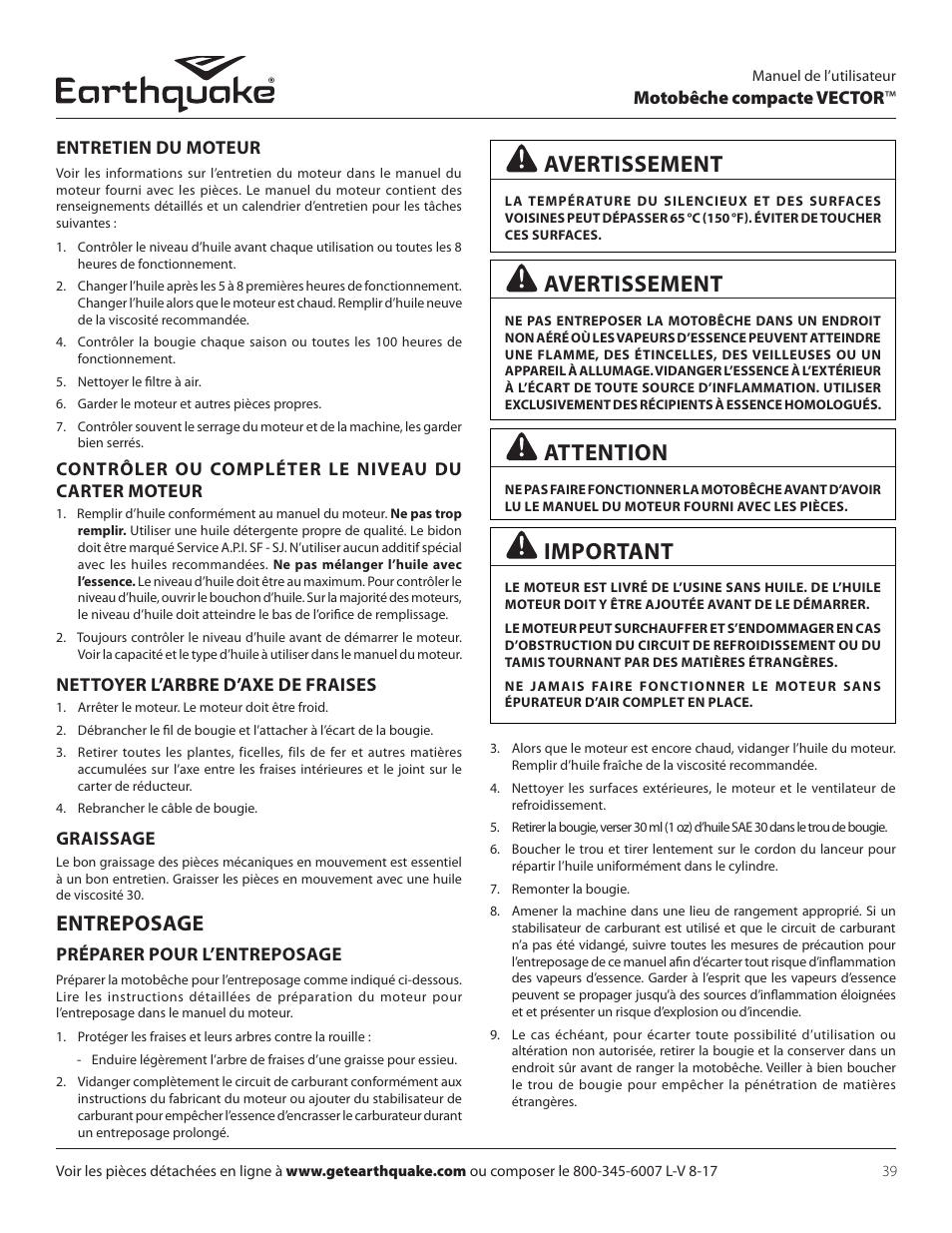 Avertissement, Attention, Important | Entreposage | EarthQuake 26750 User Manual | Page 39 / 72