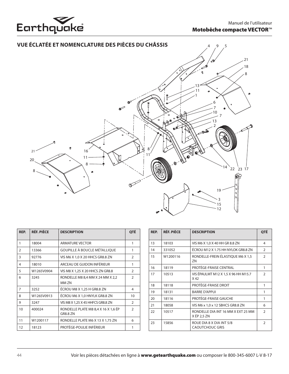 Motobêche compacte vector, Vue éclatée et nomenclature des pièces du châssis | EarthQuake 26750 User Manual | Page 44 / 72