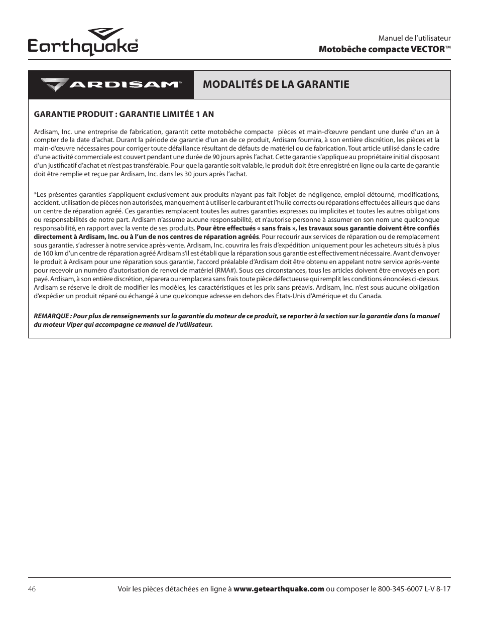 Modalités de la garantie | EarthQuake 26750 User Manual | Page 46 / 72