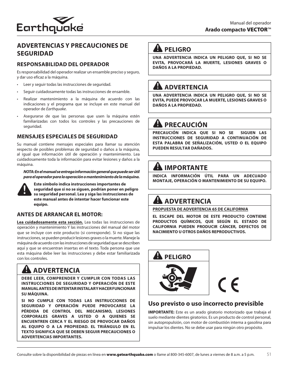 Precaución, Importante, Uso previsto o uso incorrecto previsible | Advertencias y precauciones de seguridad, Advertencia, Peligro | EarthQuake 26750 User Manual | Page 51 / 72