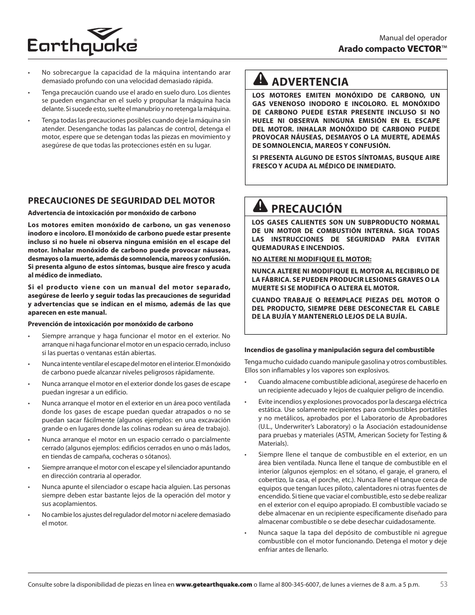 Precaución, Advertencia, Arado compacto vector | Precauciones de seguridad del motor | EarthQuake 26750 User Manual | Page 53 / 72