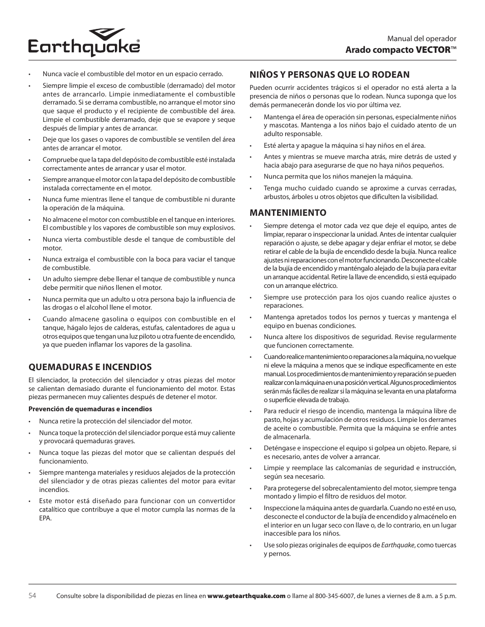 Arado compacto vector, Quemaduras e incendios, Niños y personas que lo rodean | Mantenimiento | EarthQuake 26750 User Manual | Page 54 / 72