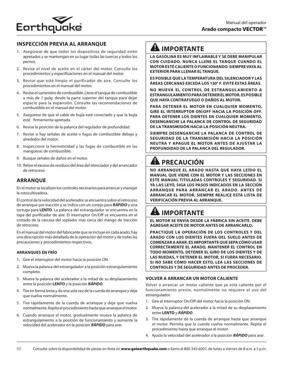 Importante, Precaución, Arranque | EarthQuake 26750 User Manual | Page 60 / 72