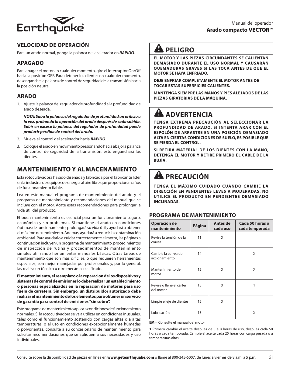 Advertencia, Peligro, Precaución | Mantenimiento y almacenamiento, Arado compacto vector ™ velocidad de operación, Apagado, Arado, Programa de mantenimiento | EarthQuake 26750 User Manual | Page 61 / 72