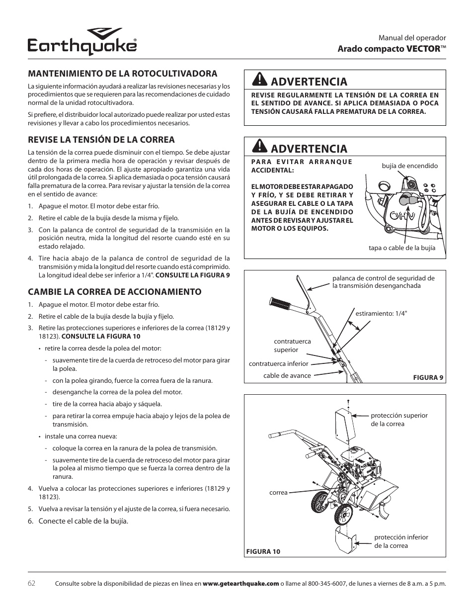 Advertencia, Revise la tensión de la correa, Cambie la correa de accionamiento | EarthQuake 26750 User Manual | Page 62 / 72