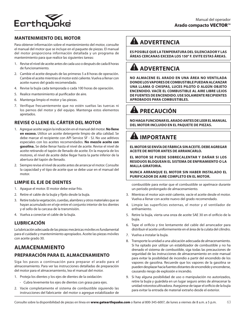 Advertencia, Precaución, Importante | Almacenamiento | EarthQuake 26750 User Manual | Page 63 / 72