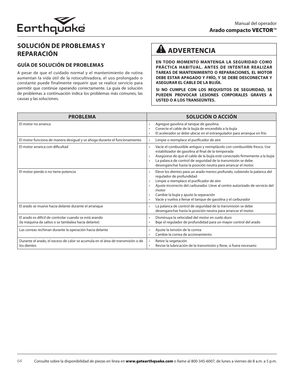 Advertencia, Solución de problemas y reparación, Arado compacto vector | Guía de solución de problemas, Problema solución o acción | EarthQuake 26750 User Manual | Page 64 / 72