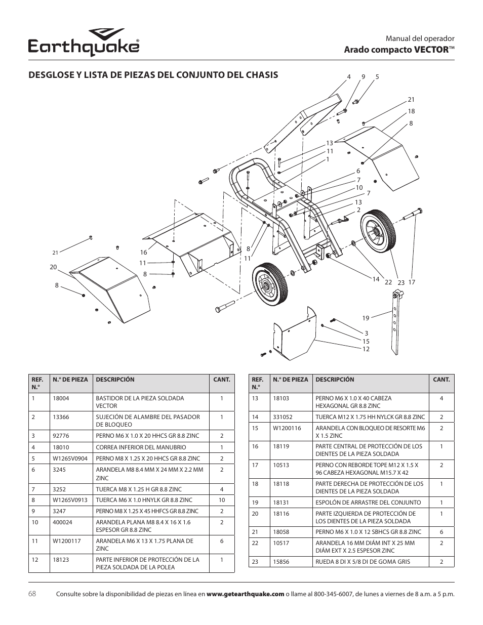 Arado compacto vector, Desglose y lista de piezas del conjunto del chasis | EarthQuake 26750 User Manual | Page 68 / 72