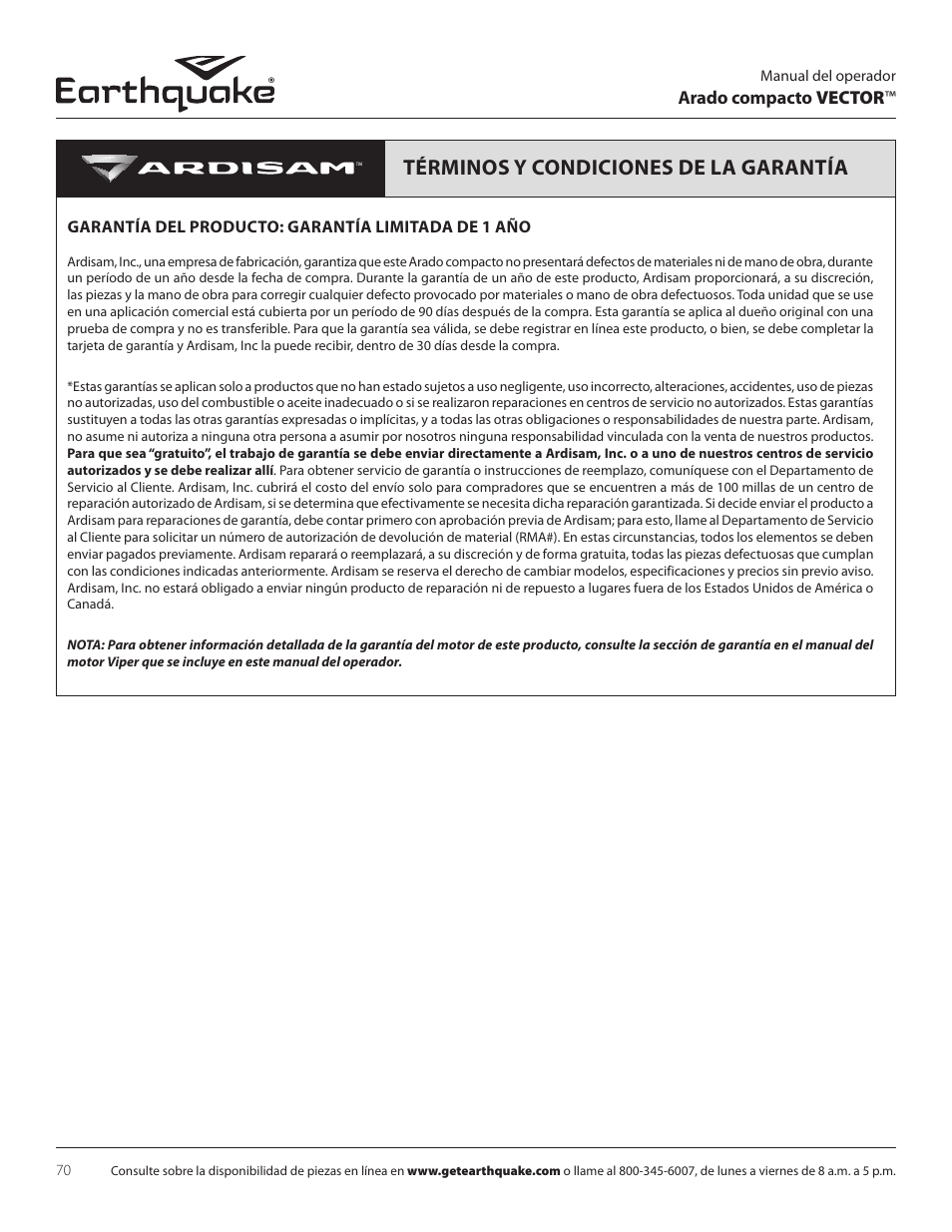 Términos y condiciones de la garantía | EarthQuake 26750 User Manual | Page 70 / 72