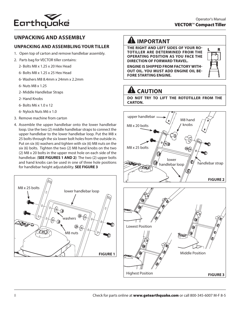 Important, Caution, Unpacking and assembly | EarthQuake 26750 User Manual | Page 8 / 72