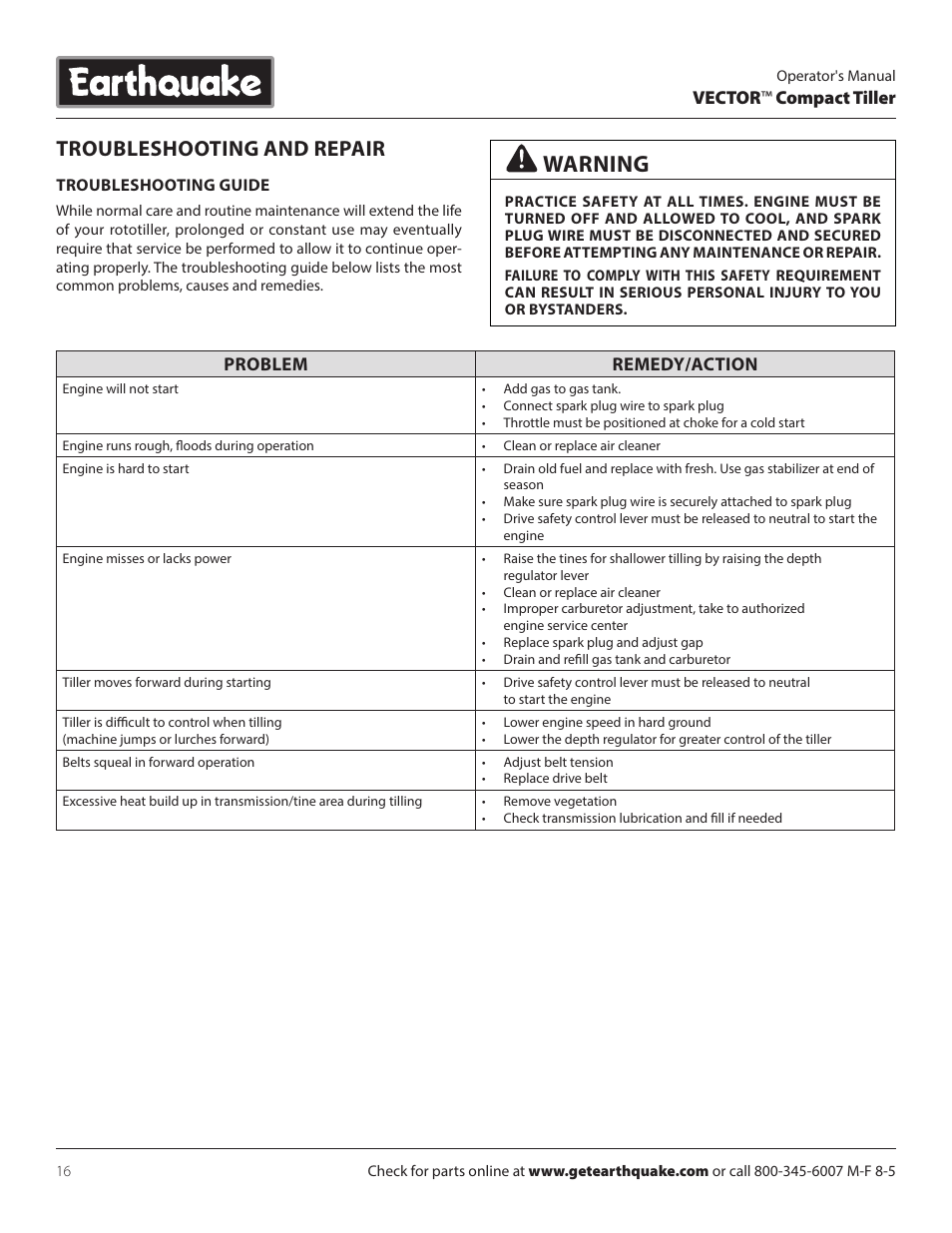 Warning, Troubleshooting and repair | EarthQuake 26750 User Manual | Page 16 / 24