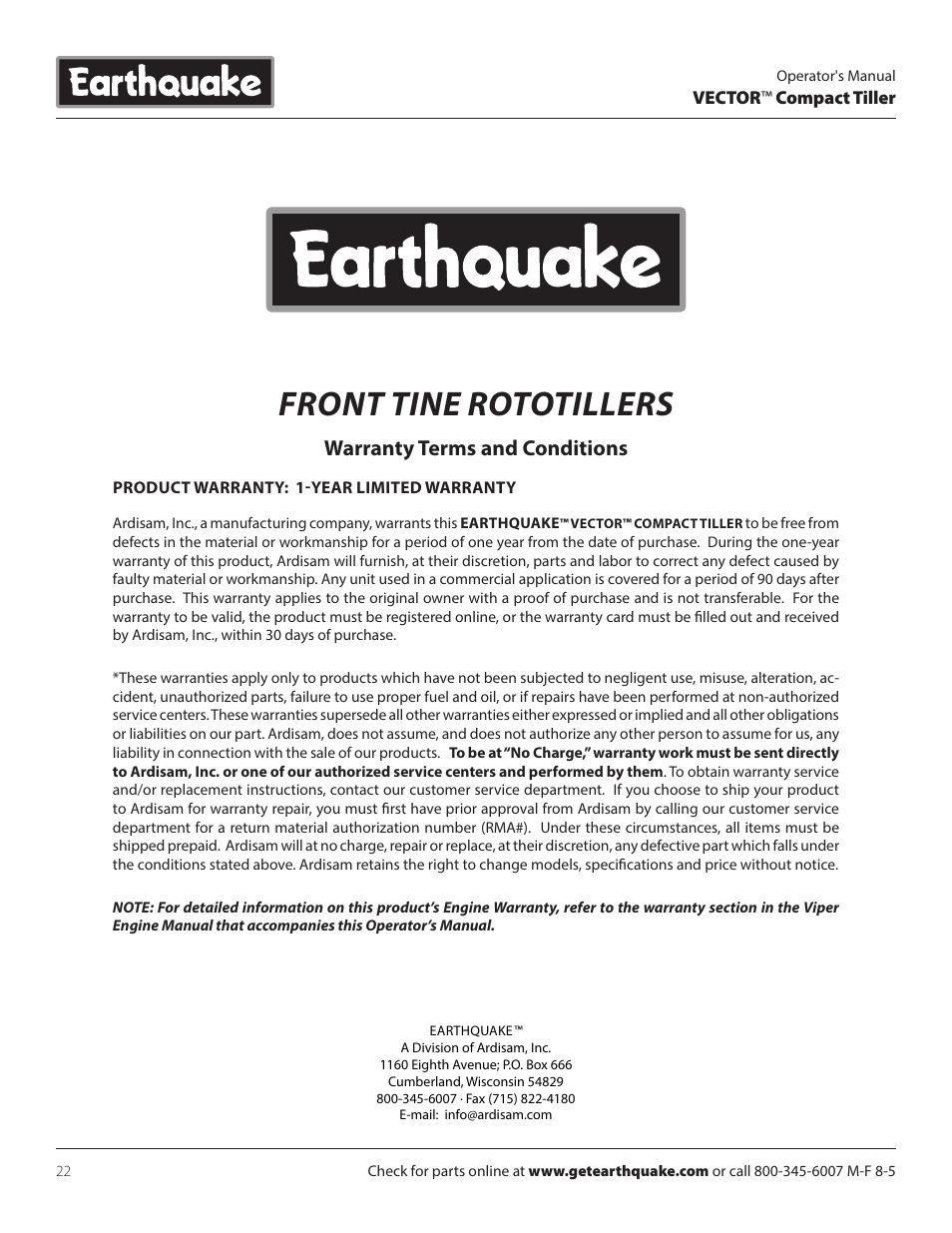 Front tine rototillers, Warranty terms and conditions | EarthQuake 26750 User Manual | Page 22 / 24