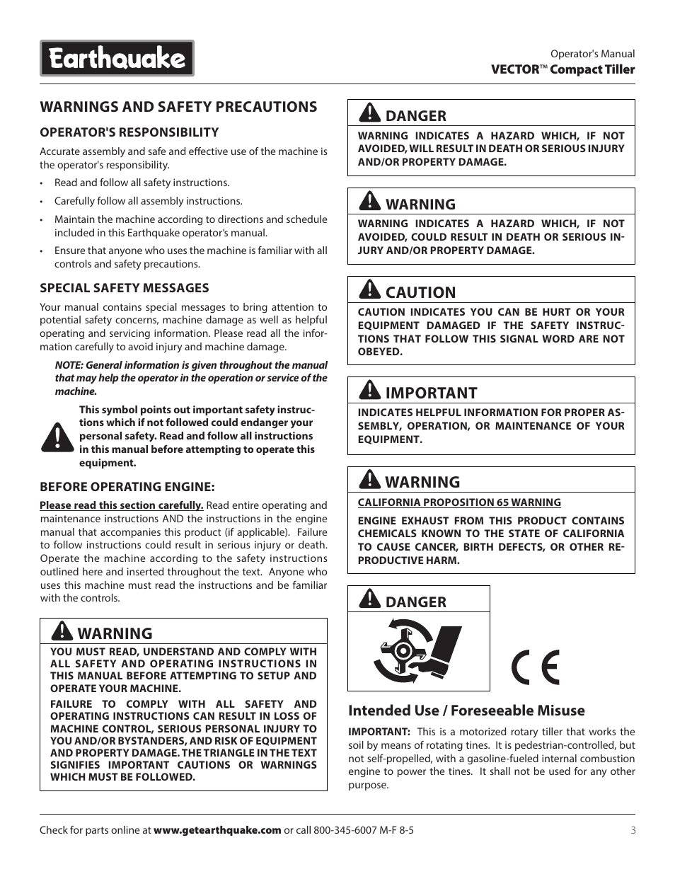 Caution, Important, Intended use / foreseeable misuse | Warnings and safety precautions, Warning, Danger | EarthQuake 26750 User Manual | Page 3 / 24