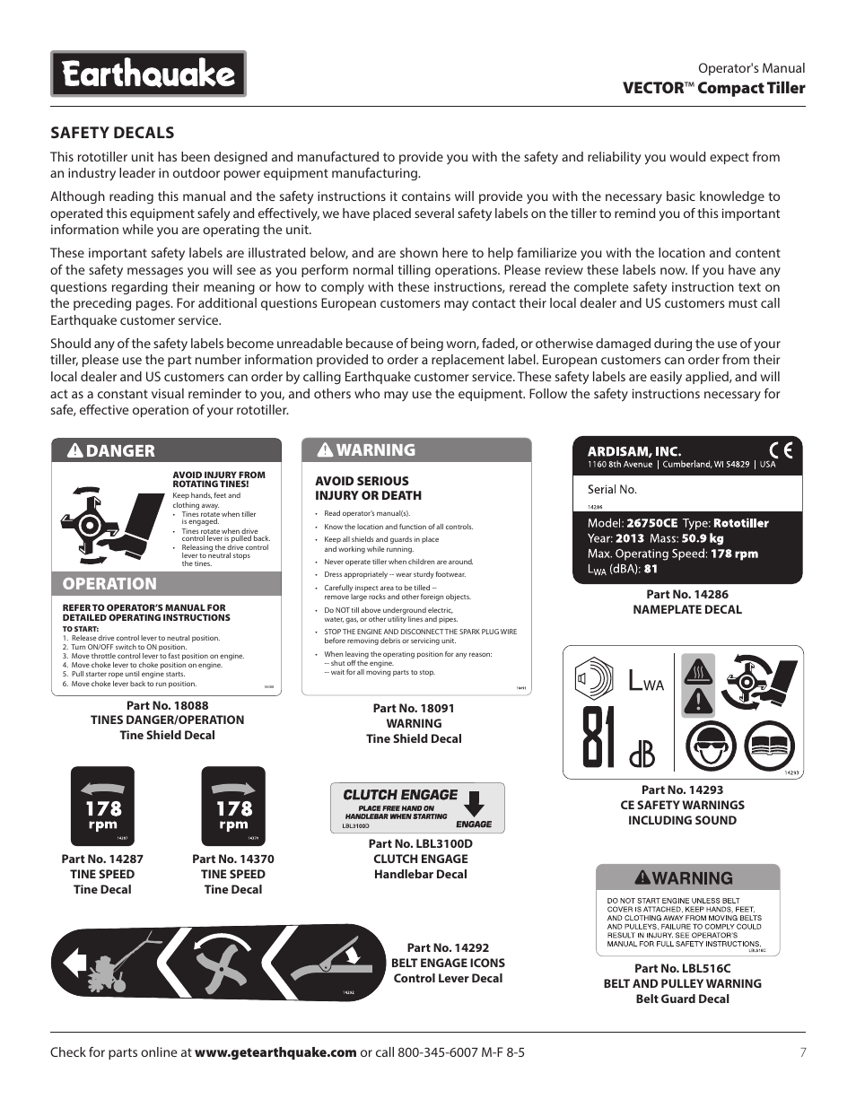Warning, Danger operation, Vector ™ compact tiller | Safety decals | EarthQuake 26750 User Manual | Page 7 / 24