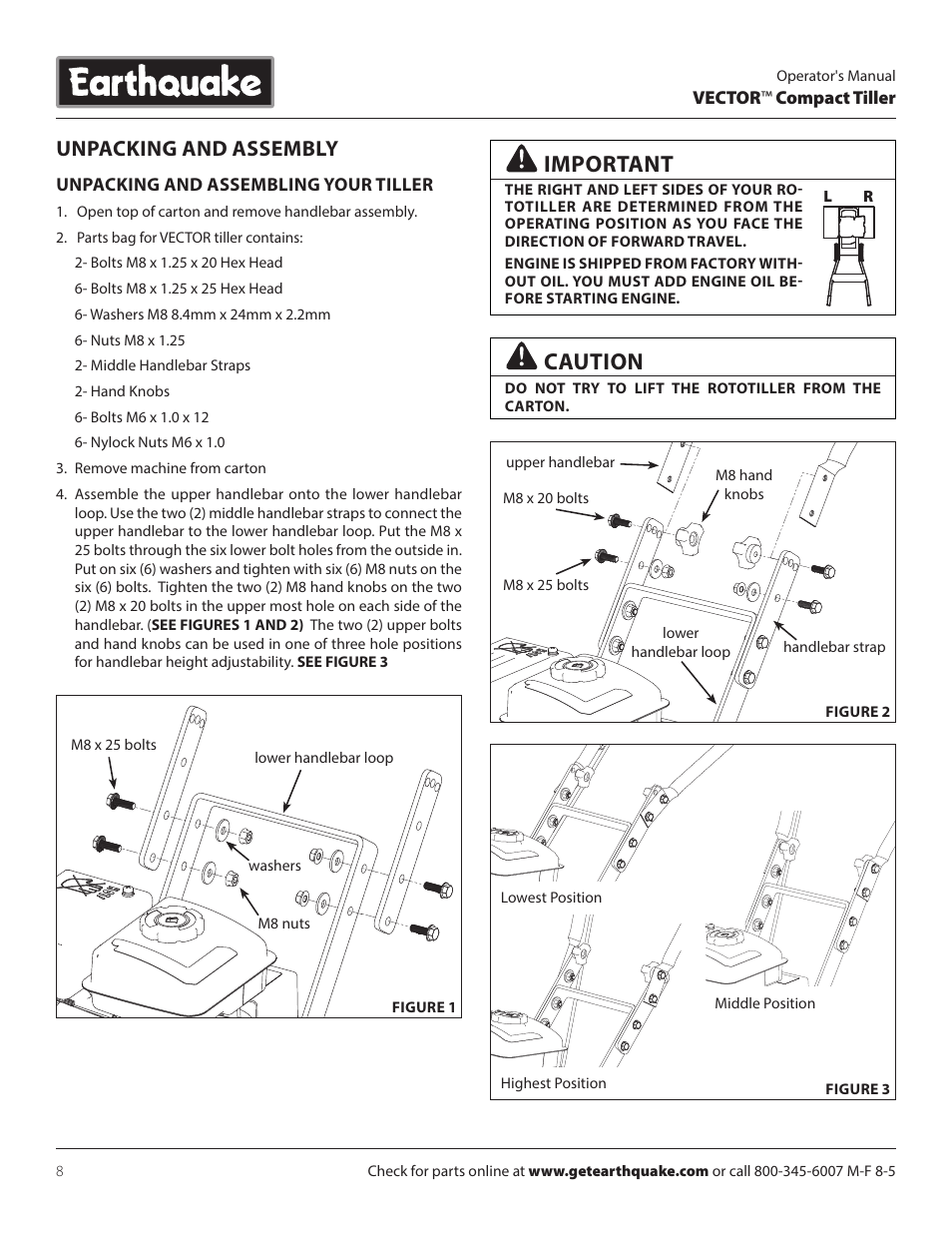 Important, Caution, Unpacking and assembly | EarthQuake 26750 User Manual | Page 8 / 24