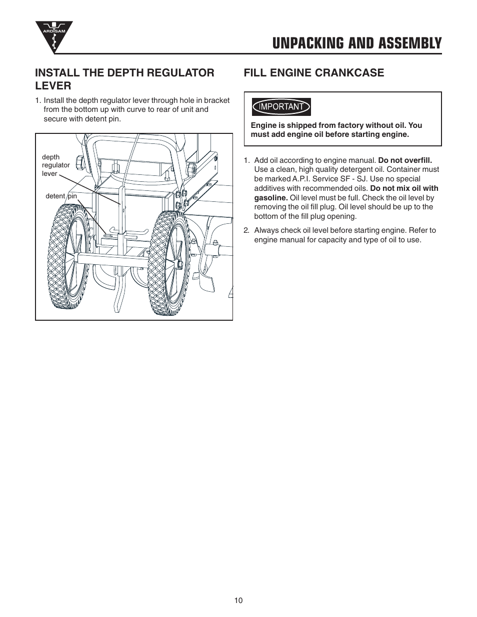 Unpacking and assembly, Install the depth regulator lever, Fill engine crankcase | EarthQuake 3200 User Manual | Page 10 / 24