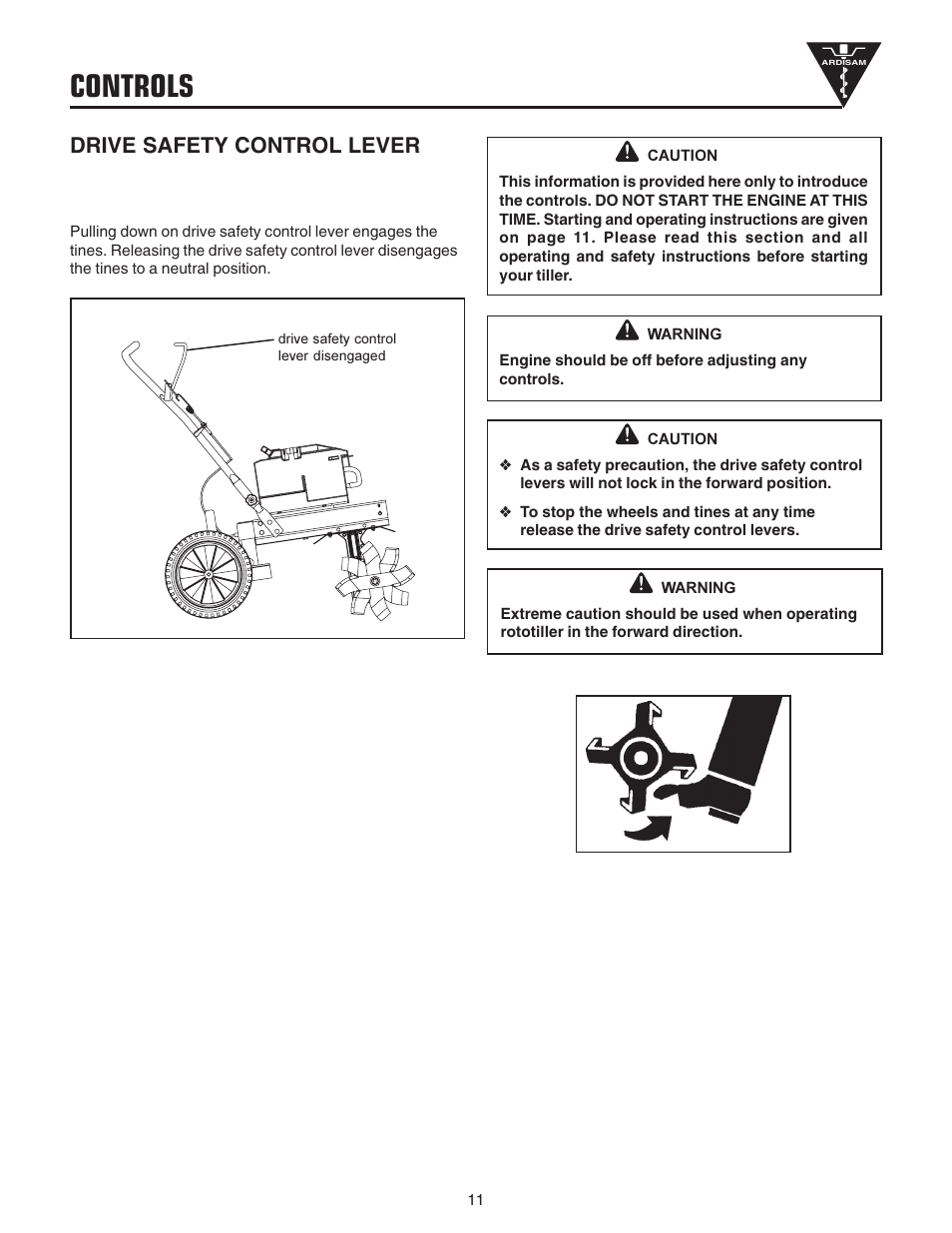 Controls, Drive safety control lever | EarthQuake 3200 User Manual | Page 11 / 24