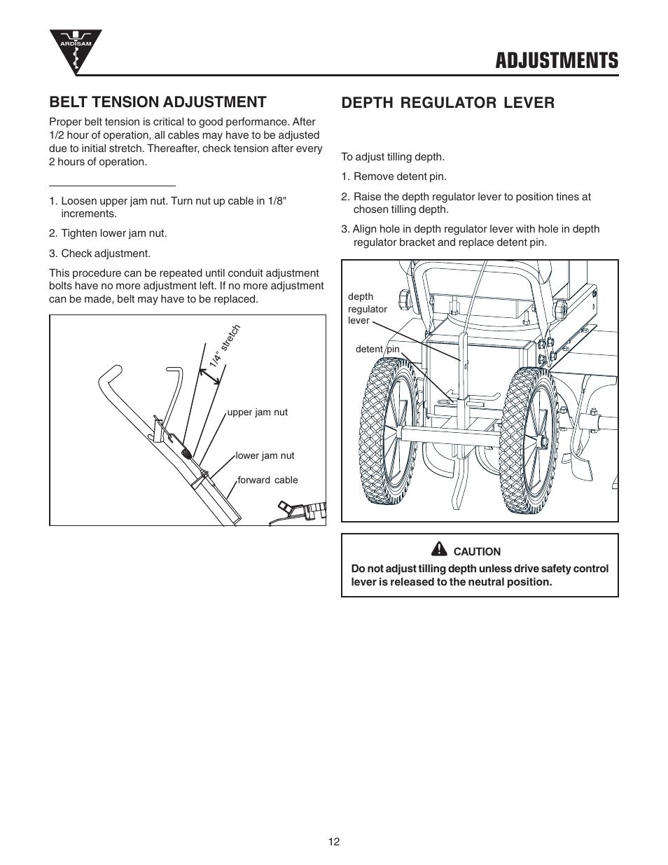 Adjustments, Depth regulator lever, Belt tension adjustment | EarthQuake 3200 User Manual | Page 12 / 24