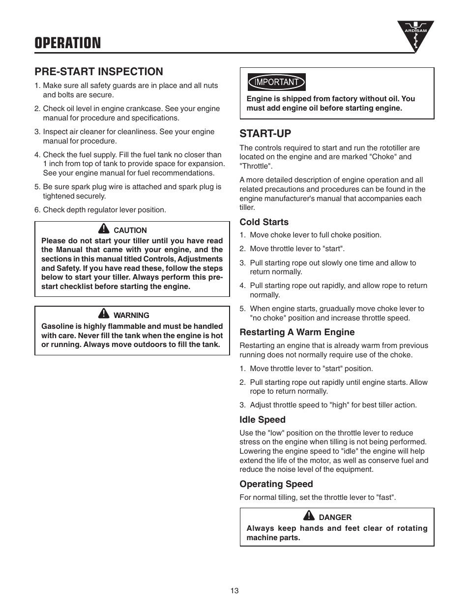 Operation, Start-up, Pre-start inspection | EarthQuake 3200 User Manual | Page 13 / 24