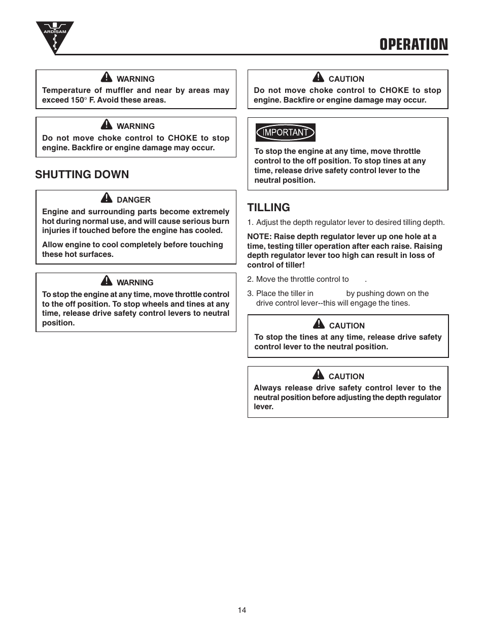 Operation, Tilling, Shutting down | EarthQuake 3200 User Manual | Page 14 / 24