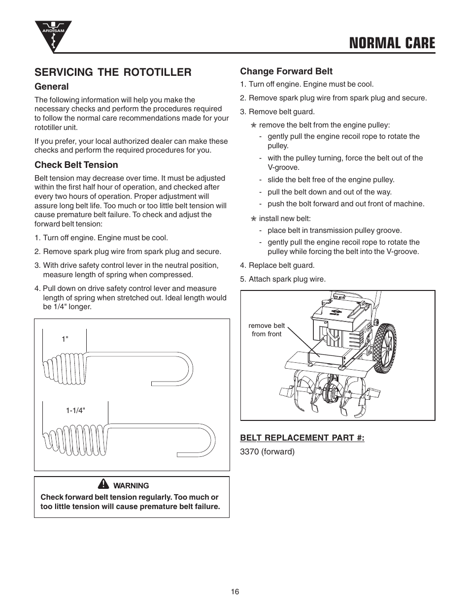 Normal care, Servicing the rototiller | EarthQuake 3200 User Manual | Page 16 / 24