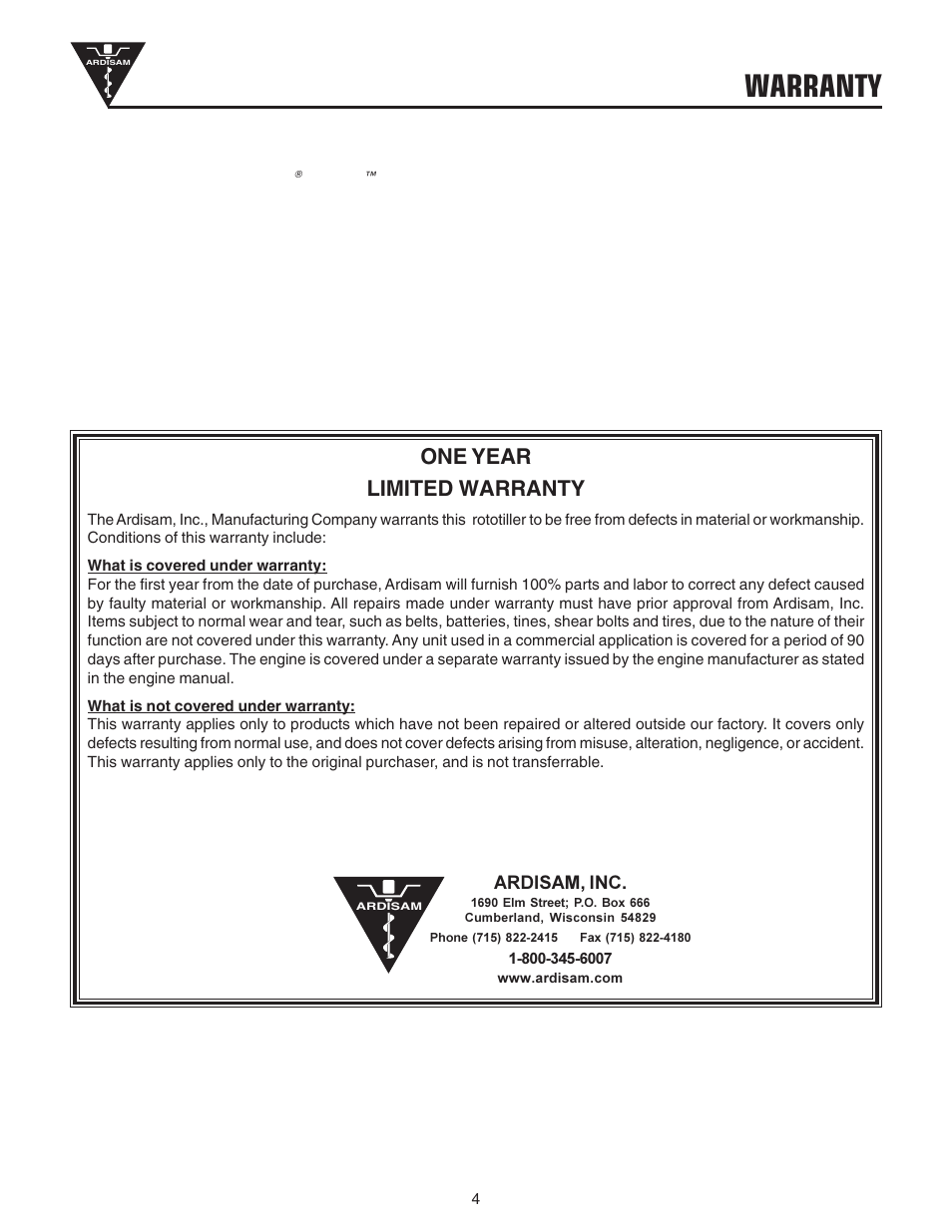 Warranty, One year limited warranty | EarthQuake 3200 User Manual | Page 4 / 24