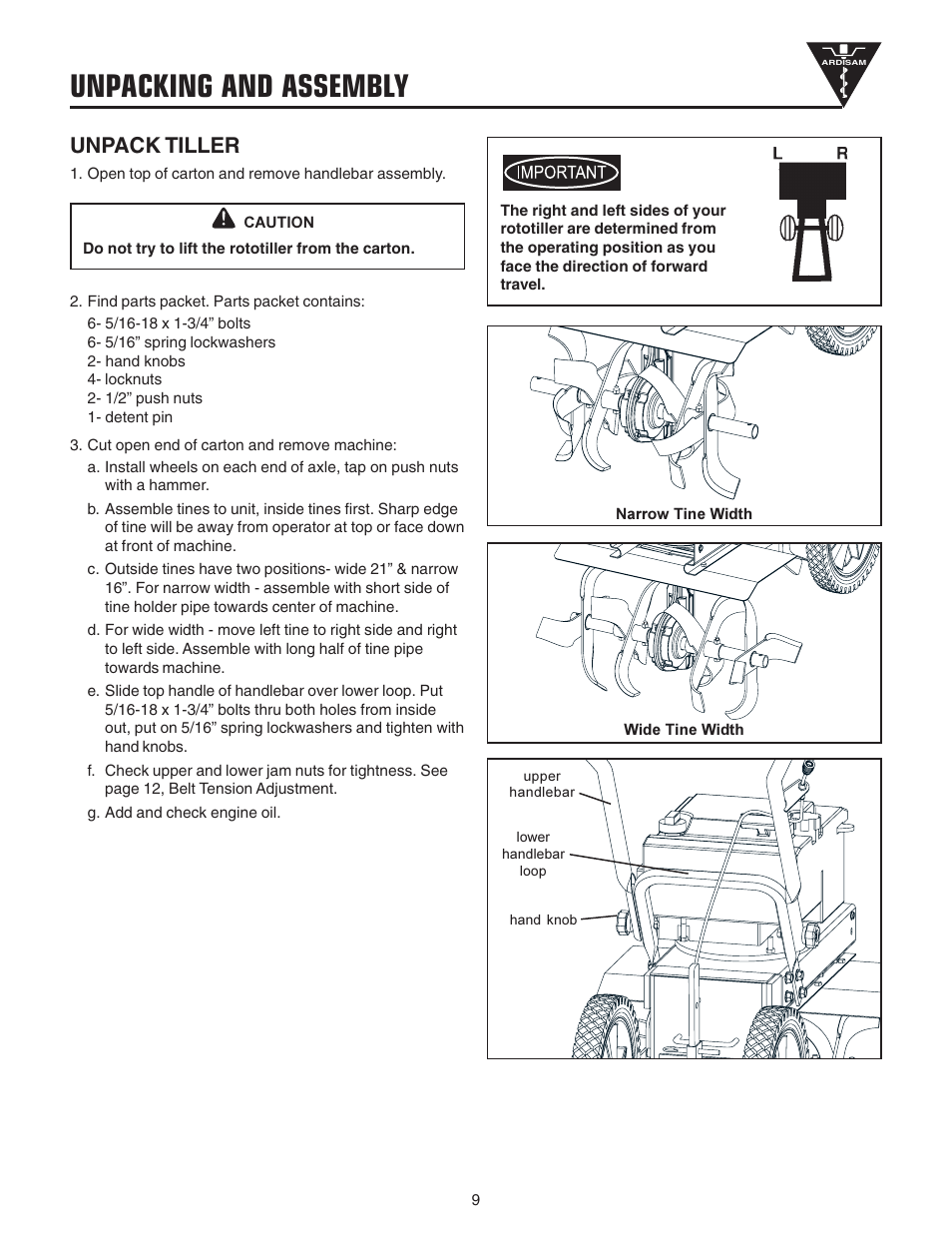 Unpacking and assembly, Unpack tiller | EarthQuake 3200 User Manual | Page 9 / 24