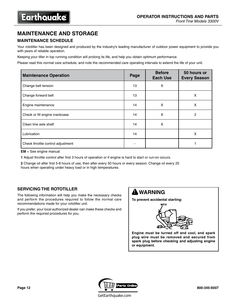 Maintenance and storage, Warning | EarthQuake 3300V User Manual | Page 12 / 24