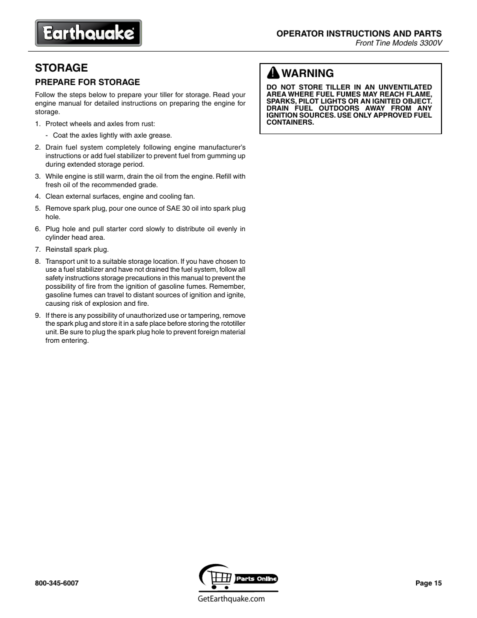 Storage, Warning | EarthQuake 3300V User Manual | Page 15 / 24