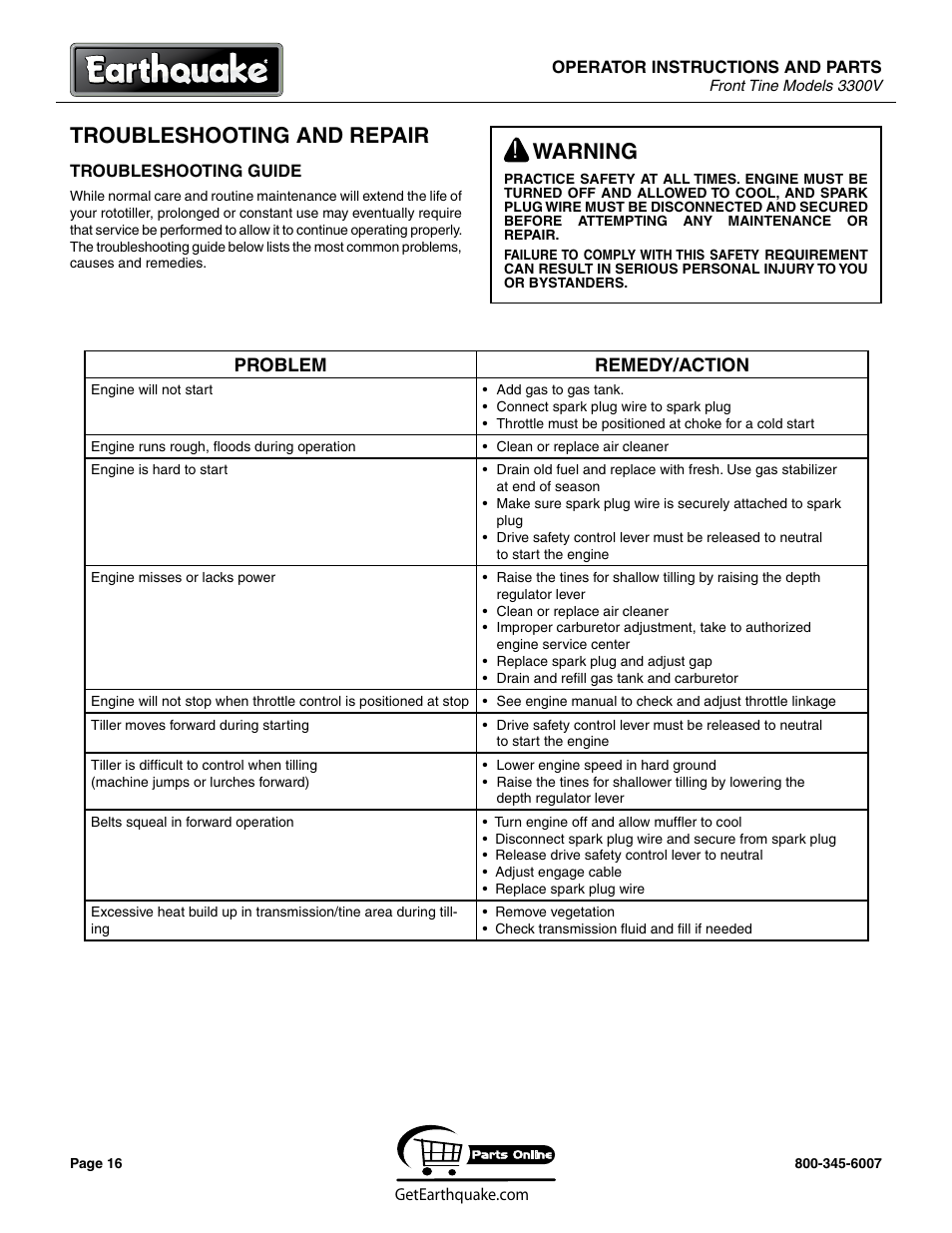 Troubleshooting and repair, Warning | EarthQuake 3300V User Manual | Page 16 / 24