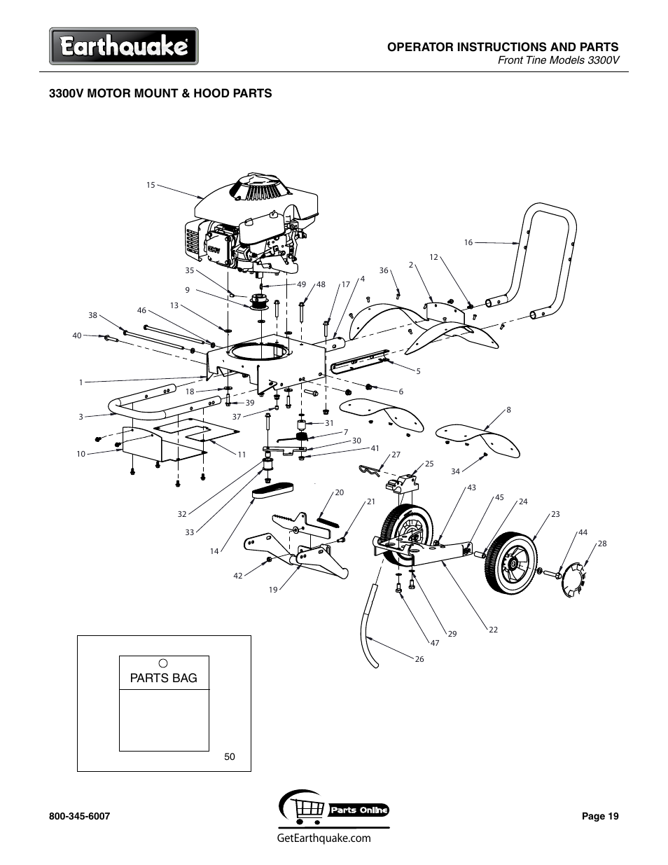 Operator instructions and parts, 00v motor mount & hood parts, Parts bag | EarthQuake 3300V User Manual | Page 19 / 24