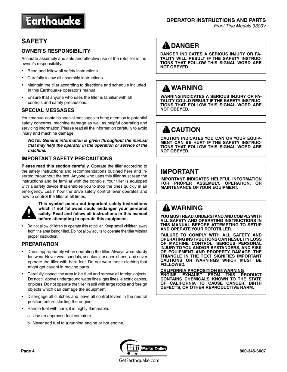 Safety, Caution, Warning | Danger, Important | EarthQuake 3300V User Manual | Page 4 / 24