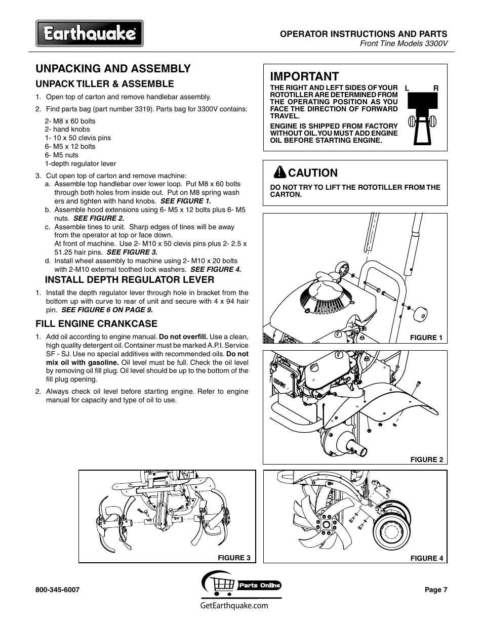 Important, Unpacking and assembly, Caution | EarthQuake 3300V User Manual | Page 7 / 24
