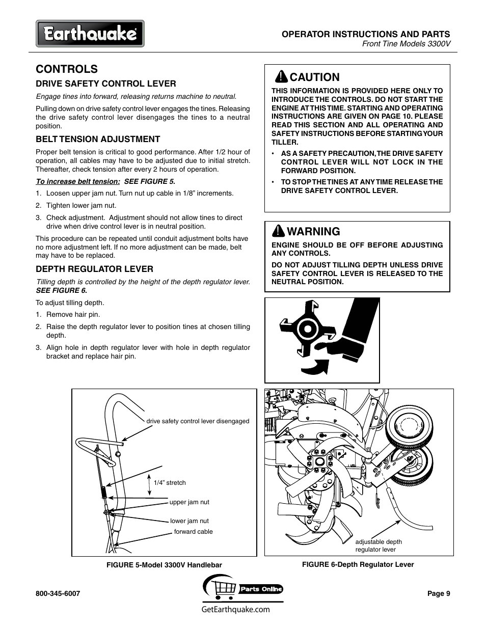 Controls, Warning, Caution | EarthQuake 3300V User Manual | Page 9 / 24