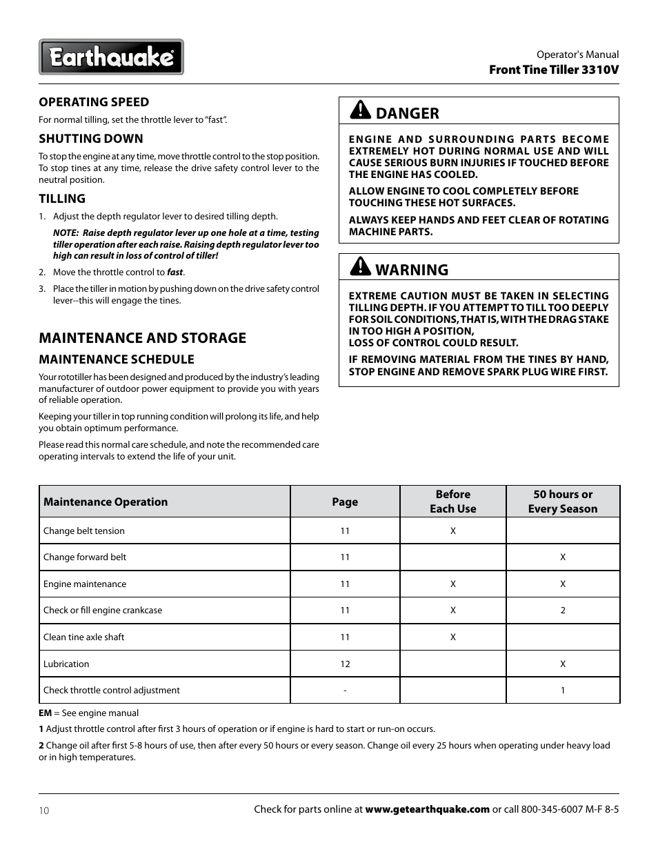 Warning, Danger, Maintenance and storage | EarthQuake 3310V User Manual | Page 10 / 20