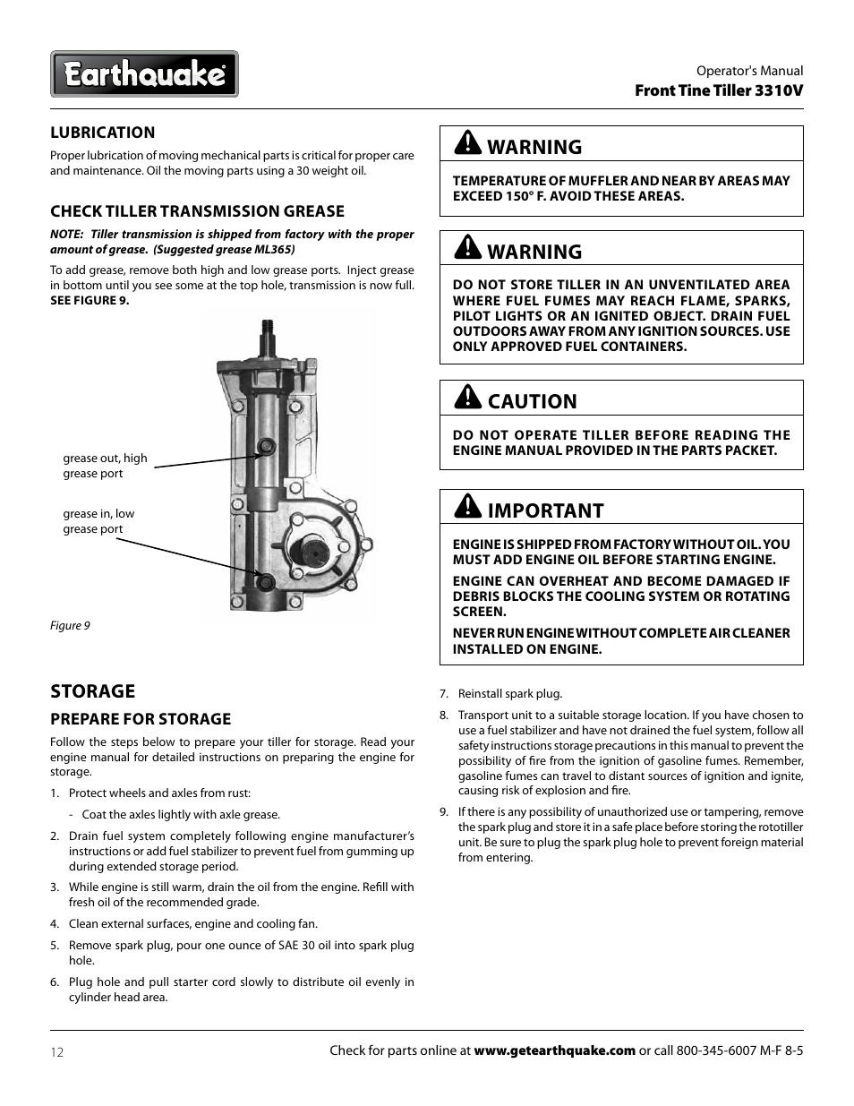 Warning, Caution, Important | Storage | EarthQuake 3310V User Manual | Page 12 / 20