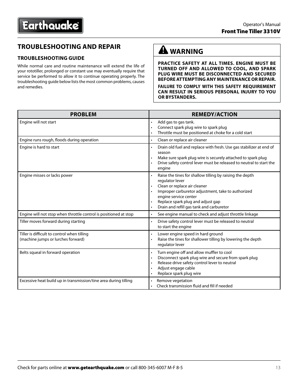Warning, Troubleshooting and repair | EarthQuake 3310V User Manual | Page 13 / 20