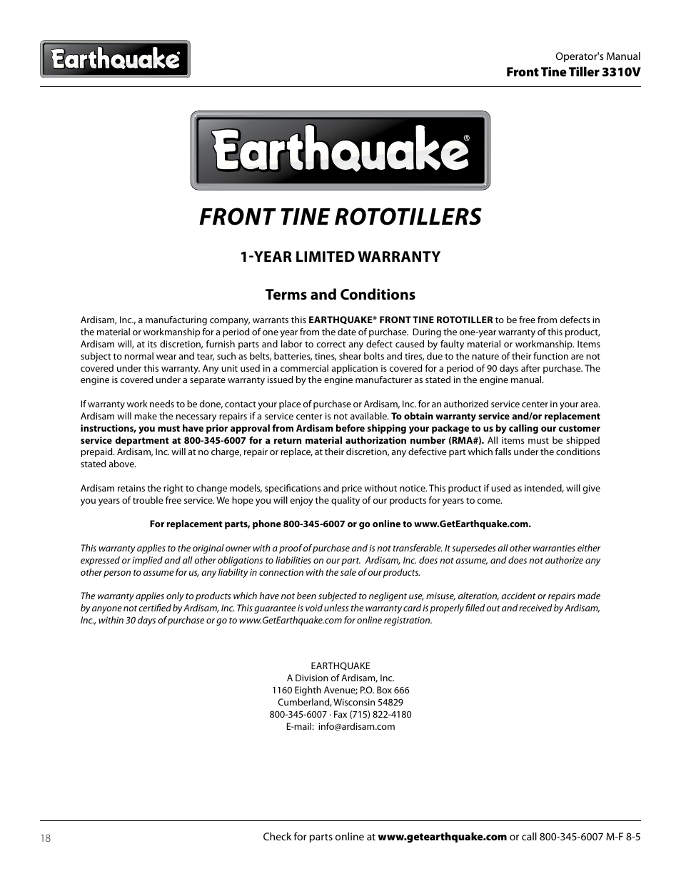 Front tine rototillers, Year limited warranty terms and conditions | EarthQuake 3310V User Manual | Page 18 / 20