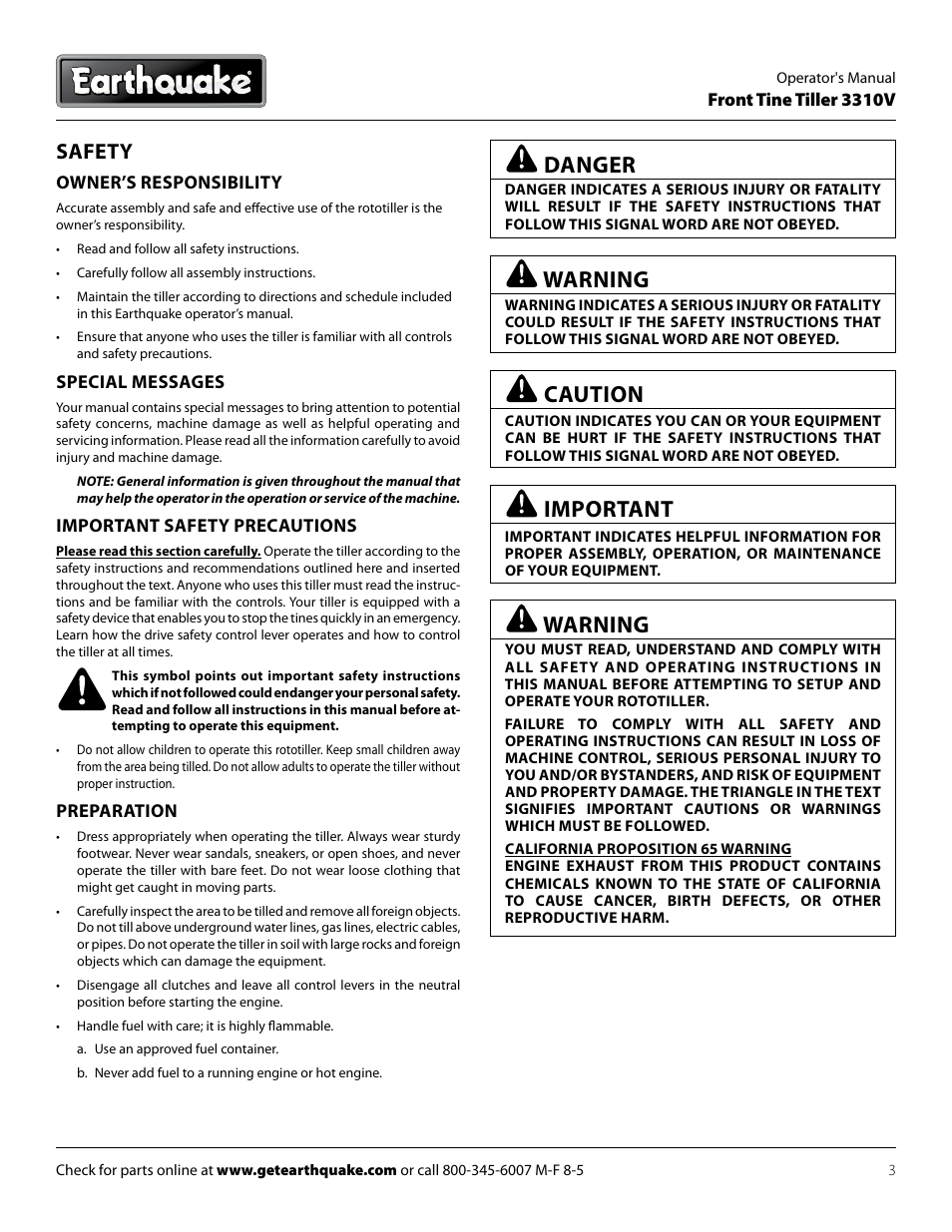 Danger, Warning, Caution | Important, Safety | EarthQuake 3310V User Manual | Page 3 / 20