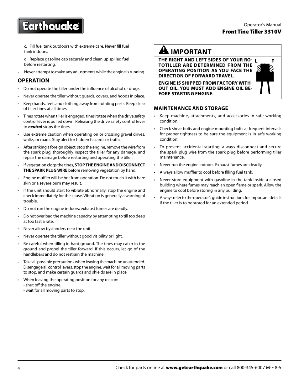 Important, Front tine tiller 3310v, Operation | EarthQuake 3310V User Manual | Page 4 / 20