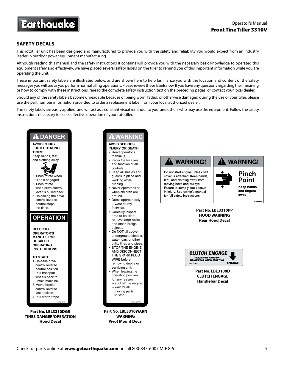 Front tine tiller 3310v, Operation, Safety decals | EarthQuake 3310V User Manual | Page 5 / 20