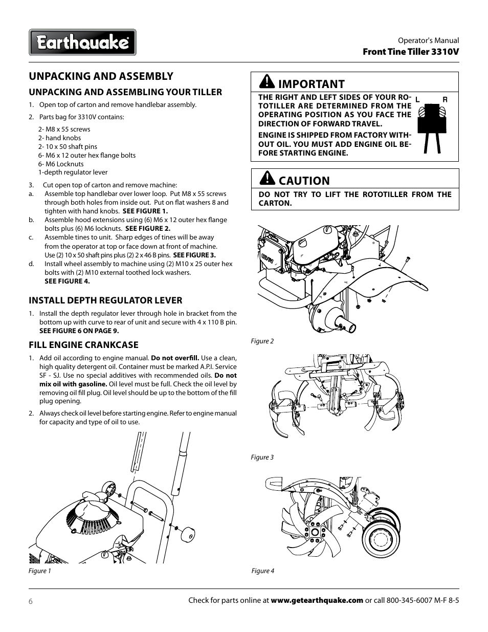 Important, Caution, Unpacking and assembly | EarthQuake 3310V User Manual | Page 6 / 20