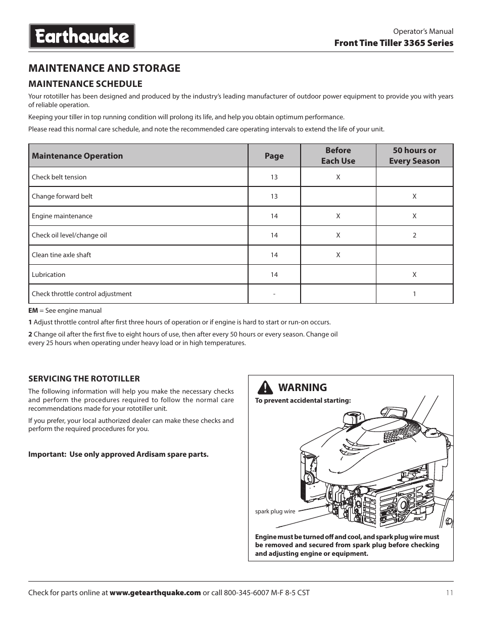 Maintenance and storage, Warning | EarthQuake 3365PS User Manual | Page 11 / 24