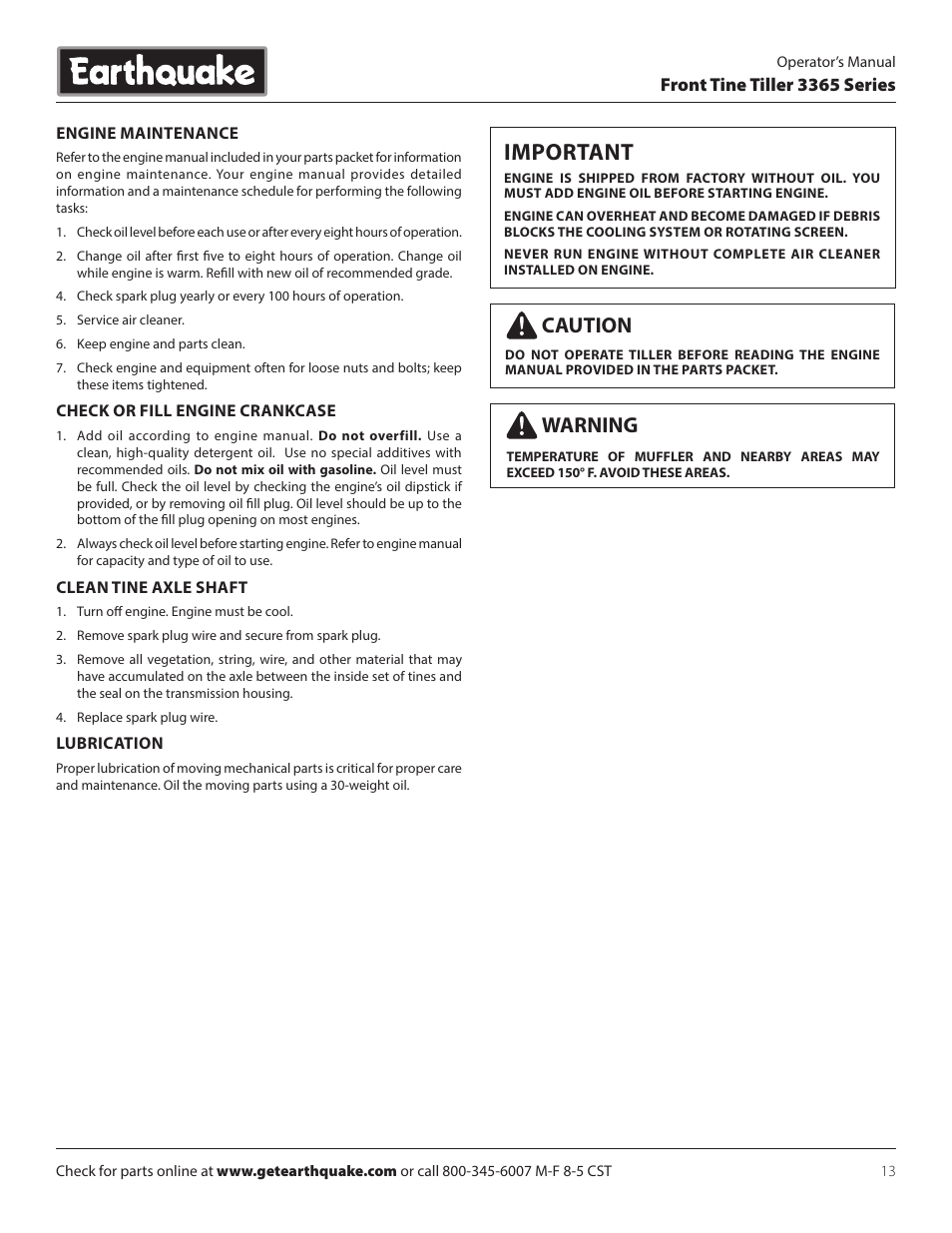 Important, Caution, Warning | EarthQuake 3365PS User Manual | Page 13 / 24
