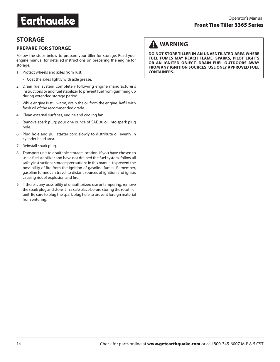 Storage, Warning | EarthQuake 3365PS User Manual | Page 14 / 24